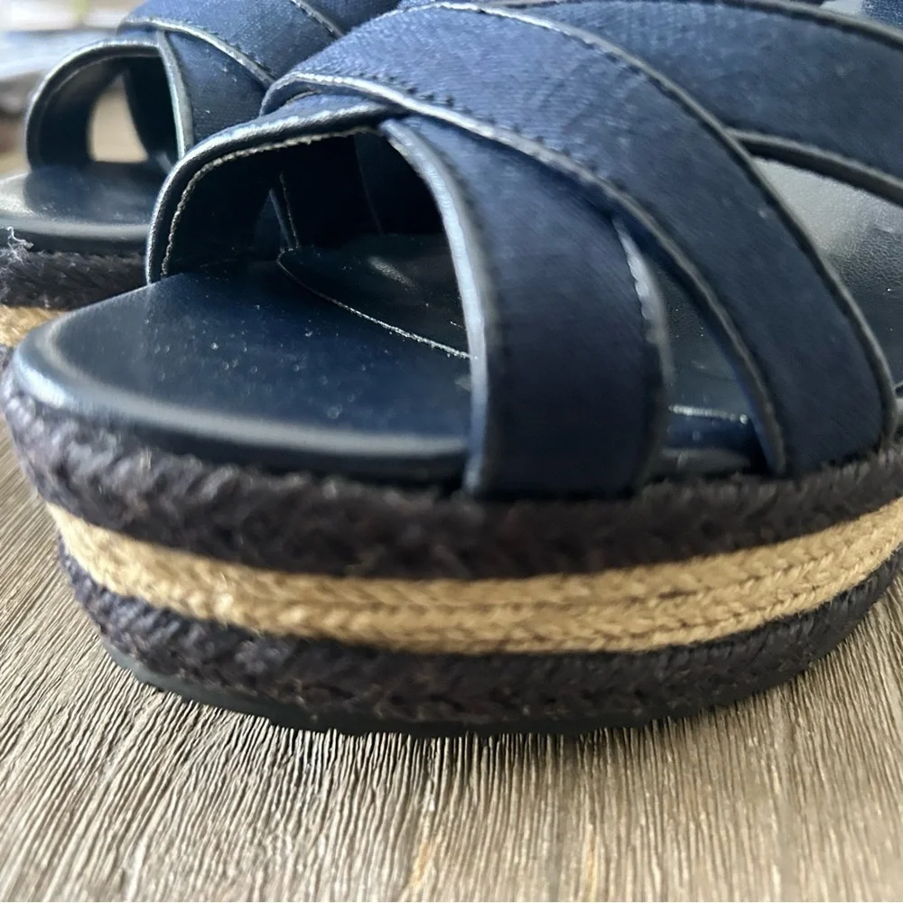 Ankle Lace up Espadrille sandals, blue open toe. 4 inch heel, women’s size 8.